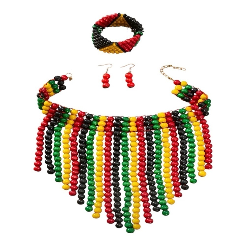 4-Piece Wooden Bead Jewelry Set – Necklace, Bracelet & Earrings